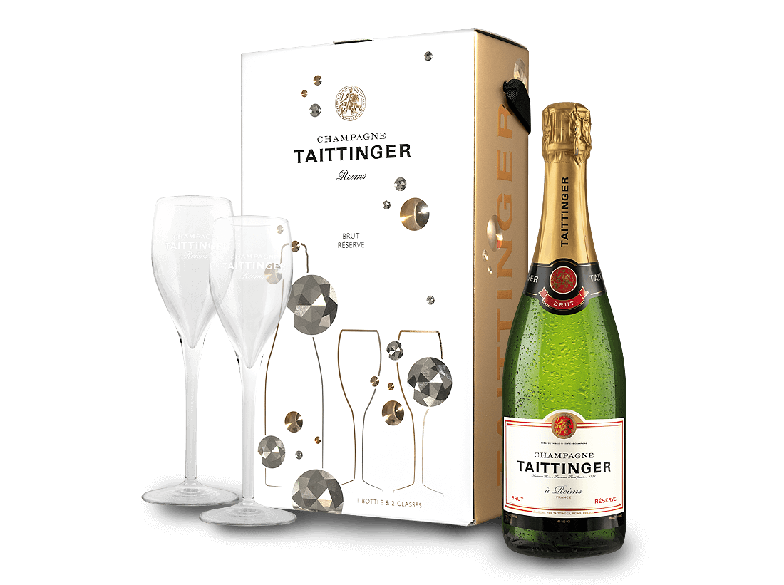 Taittinger Champagner Brut Réserve in Geschenkverpackung mit 2 Gläsern hier  kaufen ➤
